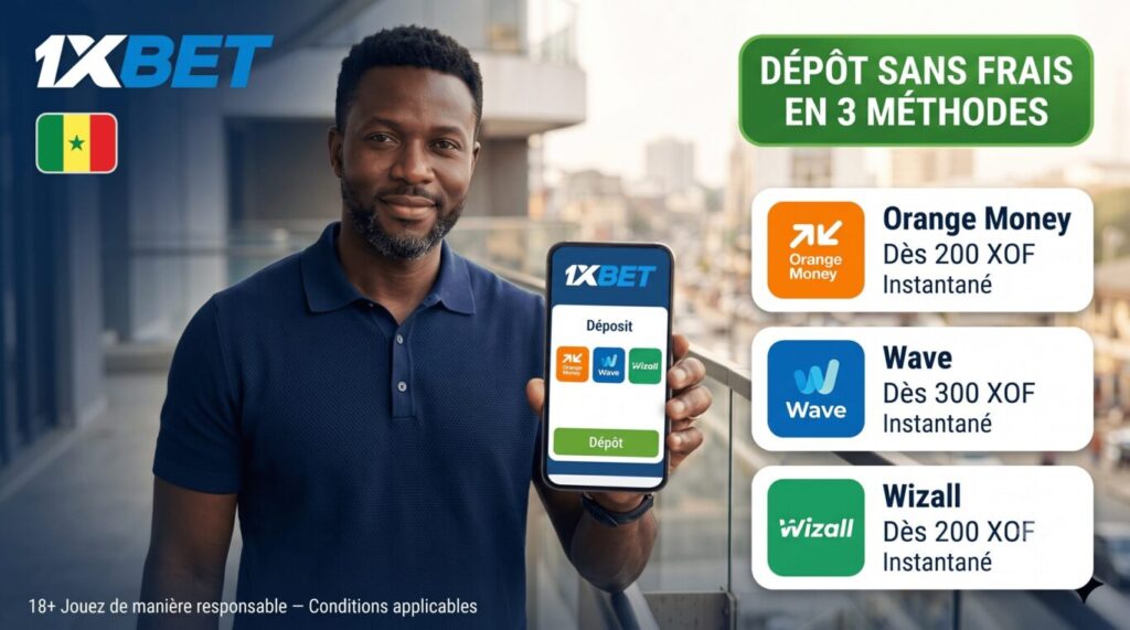 Dépôt et retrait 1xBet Sénégal — Orange Money, Wave et Wizall
