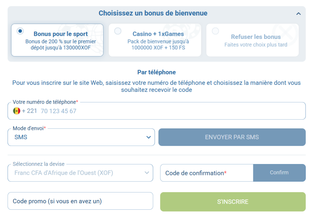 Formulaire d'inscription 1xBet par numéro de téléphone