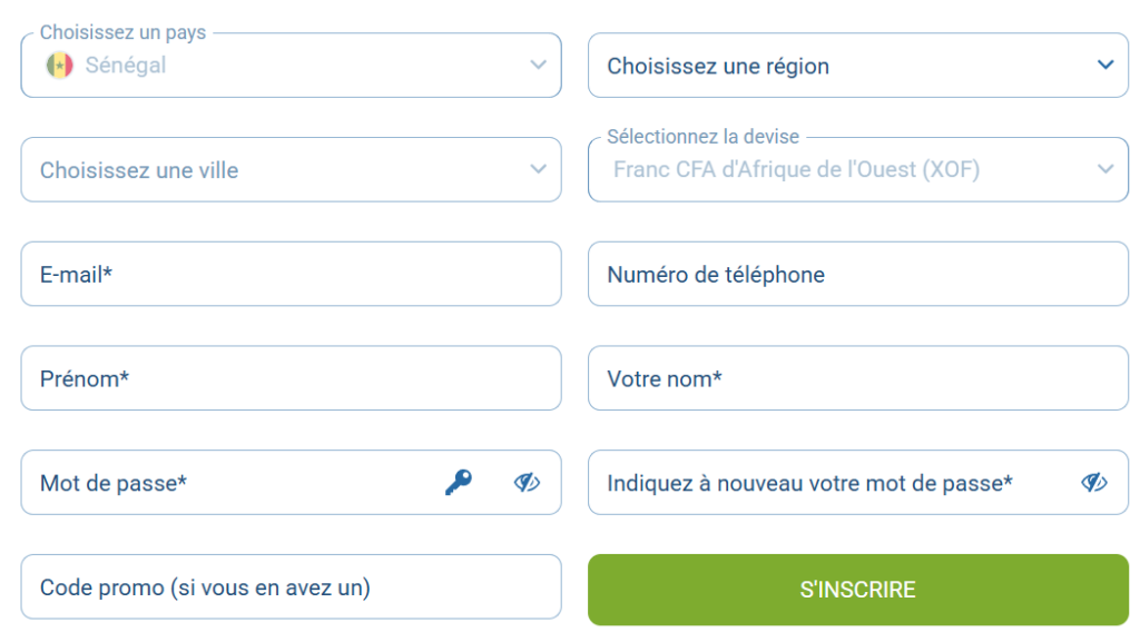 Formulaire d'inscription 1xBet par e-mail